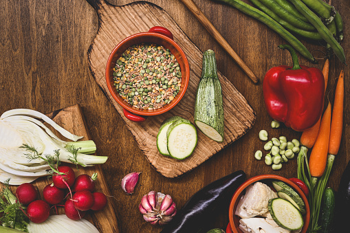 Diet or vegetarian food on a wooden table.