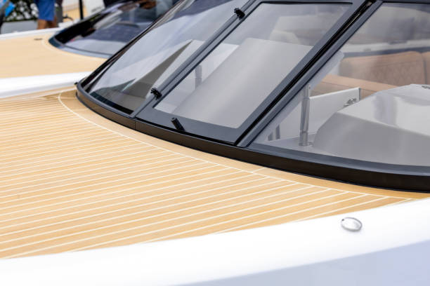 Closeup front part of luxury motorboat, background with copy space