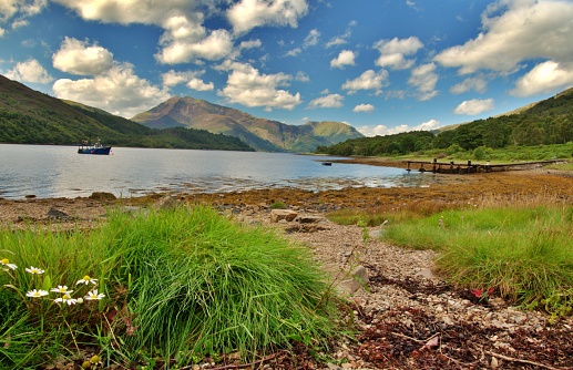 View on water of Loch Leven in Glencoe in Scottish Highlands in a sunny summer day