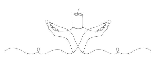 ilustrações de stock, clip art, desenhos animados e ícones de one continuous line drawing of hand holding candle. symbol of prayer and church concept in simple linear style. editable stroke. doodle outline vector illustration - memorial vigil candlelight candle memorial service