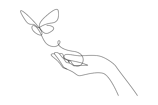 One continuous line drawing of hand holding butterfly. Beautiful flying moth for wellbeing beauty or spa salon logo in simple linear style. Editable stroke. Doodle outline vector illustration.