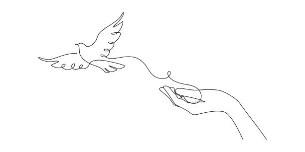 One continuous line drawing of flying dove with two hands. Bird symbol of peace and freedom in simple linear style. Mascot concept for national labor movement icon. Doodle vector illustration One continuous line drawing of flying dove with two hands. Bird symbol of peace and freedom in simple linear style. Mascot concept for national labor movement icon. Doodle vector illustration. dove earth globe symbols of peace stock illustrations