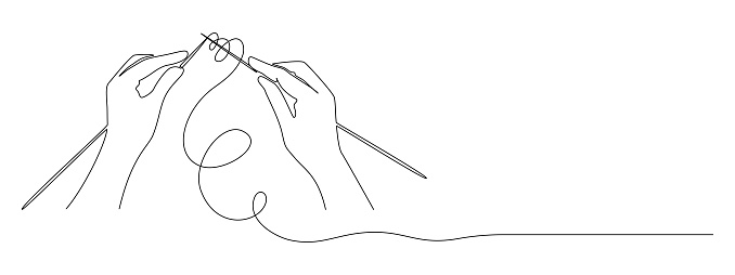 Continuous one line drawing of human hands knitting. handmade and cozy hobby symbol in simple linear style. Editable stroke. Doodle outline vector illustration.