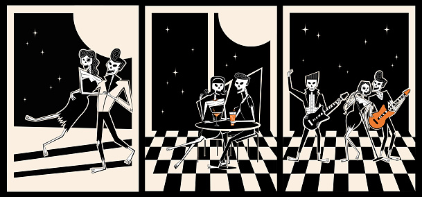 Halloween posters set with skeleton characters. Halloween party. Skeleton characters-dancing couple, flirting couple and rock band- in retro style of 60's-70's. Day of the Dead concept.