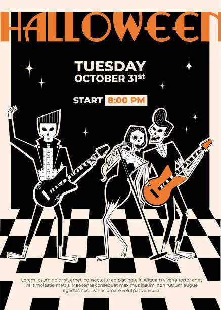 Vector illustration of Skeleton Halloween rock band in retro style of 60's-70's.