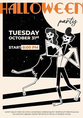 Halloween retro party flyer. Retro skeleton pair man and woman characters in style of 60's-70's. Day of the Dead concept skeleton characters.