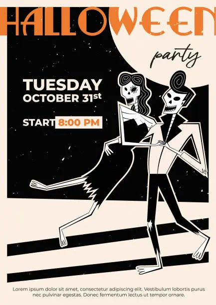 Vector illustration of Halloween retro party flyer with dancing skeleton couple.