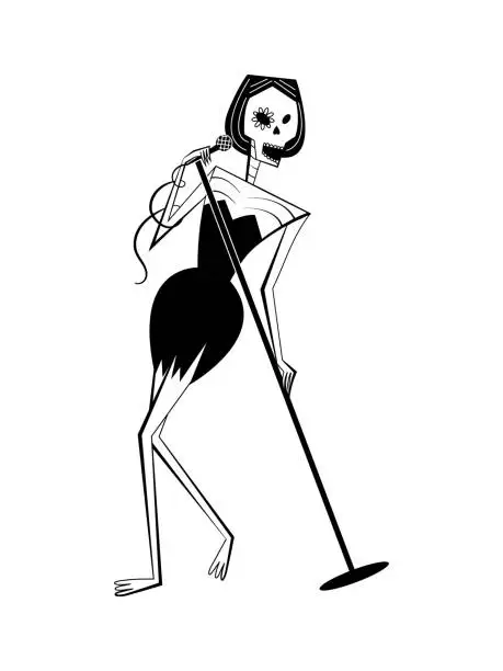 Vector illustration of Halloween skeleton woman singer character in retro style of 60's-70's.