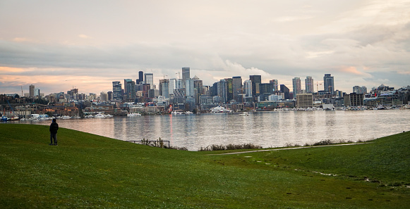 The Seattle skyline at sunset across the bay from Gas Works Park