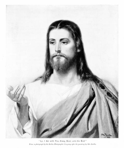 jesus-christus-porträt, "siehe, ich bin bei euch allezeit, bis ans ende: von otto knille, religiöse kunst - heroes fame old fashioned men stock-grafiken, -clipart, -cartoons und -symbole