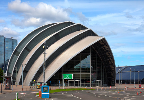 Glasgow, Scotland: The SEC Armadillo, fka the Clyde Auditorium, a multi-purpose entertainment and conference venue in the Scottish Events campus on Finneston Quay, Glasgow. It was designec by Foster + Partners and opened in 2008.