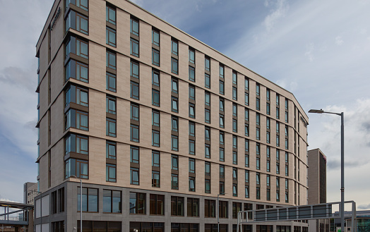 Glasgow, Scotland - 23rd July 2023: Exterior of the Courtyard by Marriott SEC, a mid-range hotel run by Marriott International,  at the edge of the Scottish Event Campus in the Finnieston Quay area of Glasgow, Scotland.
