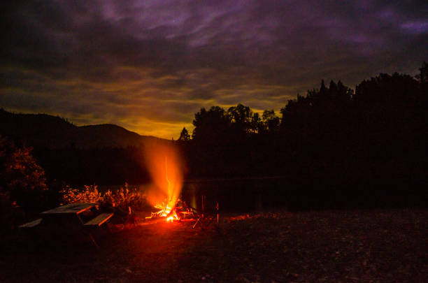 Mature woman in front of campfire in forest during summer night