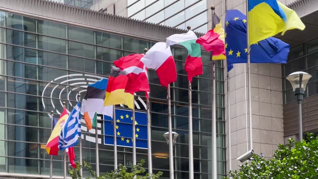 State flags European Union member states background, the European Parliament, Brussels, Belgium, Europe, August 5, 2023