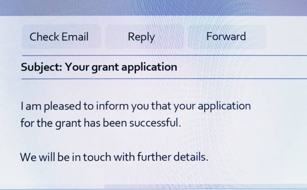 istock Your grant application has been successful, says email displayed on computer monitor 1628116904
