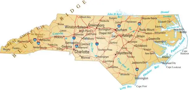 Vector illustration of Full map of North Carolina with cities and towns marked