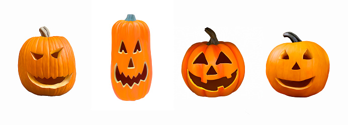 Variation of Halloween pumpkins with faces, isolated on white background. Jack O’Lantern. I