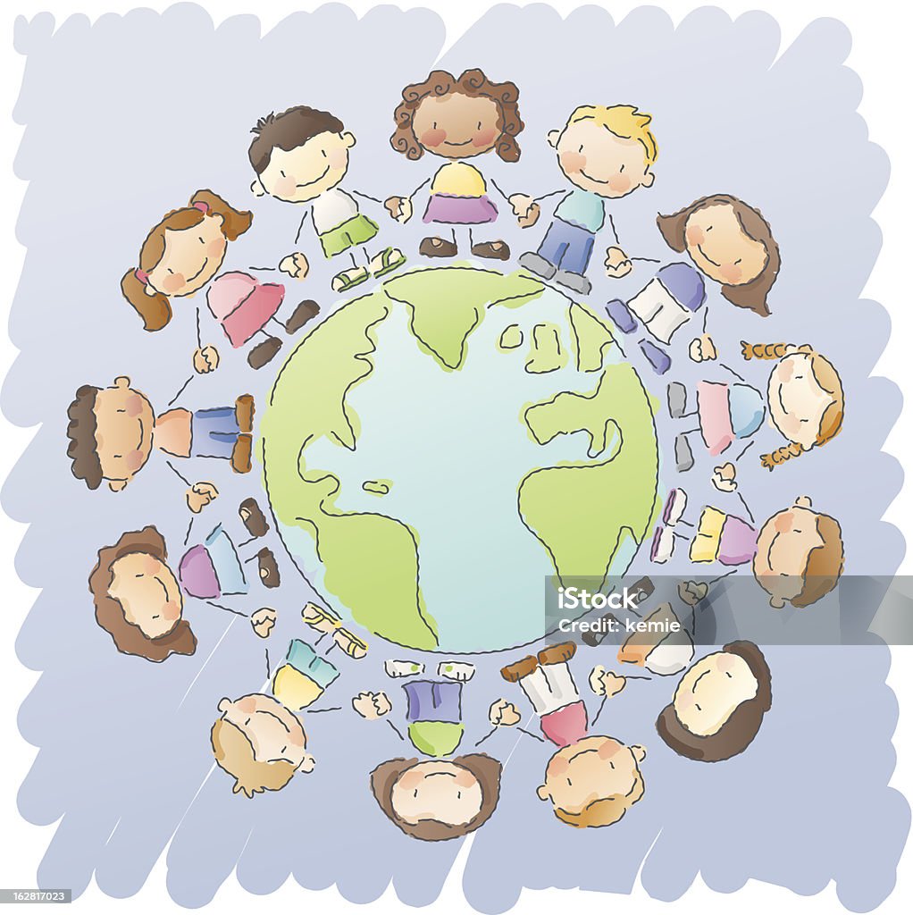 scribbles: one world kids holding hands around a globe in a hand-drawn watercolor style. grouped and layered for easy editing.  Child stock vector