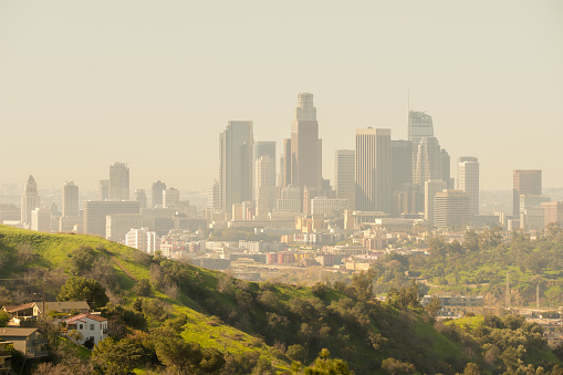 Los Angeles skyline on smoggy day from Monterey Hills.