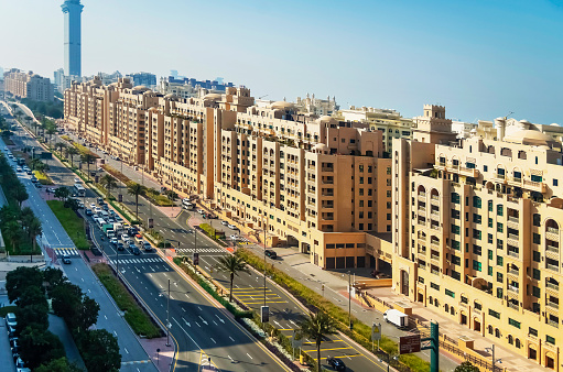 Palm Jumeirah, Shoreline Apartments road, at day. Dubai, United Arab Emirates
