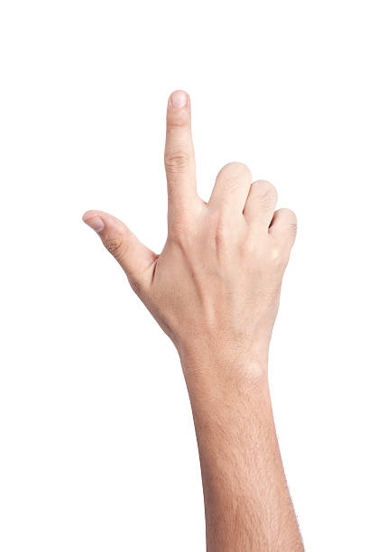 señal de flecha, manos mostrando gestos de la mano sobre fondo blanco - human thumb pointing human finger human hand fotografías e imágenes de stock