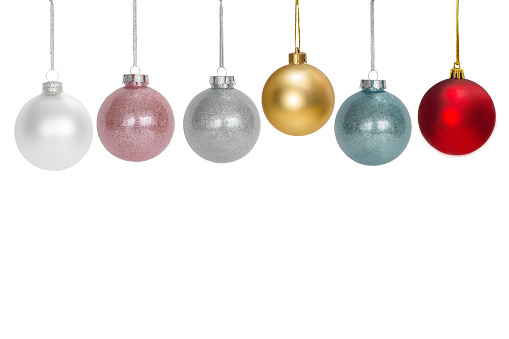Set colorful Christmas ball and transparent glass isolated on white background. Collection different Christmas ball template. New year toy decoration