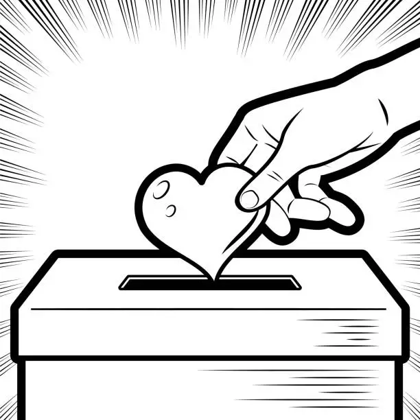 Vector illustration of A human hand putting Love into a donation box in the background with radial manga speed lines