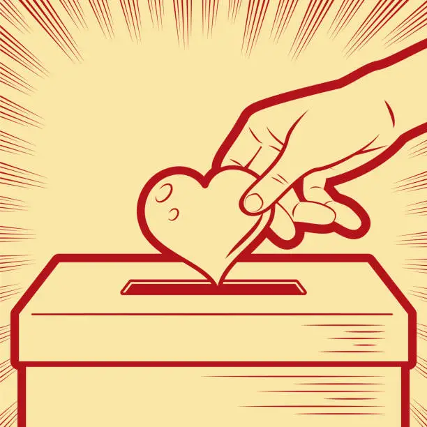 Vector illustration of A human hand putting Love into a donation box in the background with radial manga speed lines