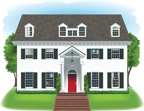 Big White House The big white house has dark gray shutters, a red door, some tall columns and brick walkway to the front door. And gables. Please come in. estate stock illustrations