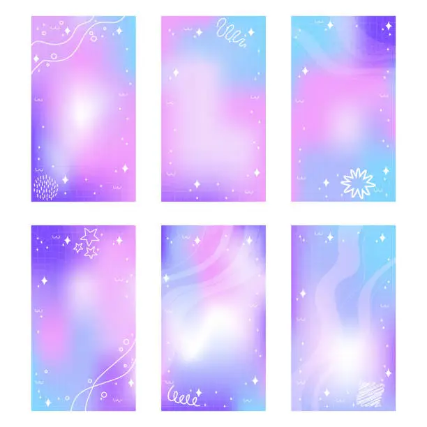 Vector illustration of Trendy set of purple pink blurry mesh gradient abstract storis template background with copy space and hand drawn Kawaii Y2K