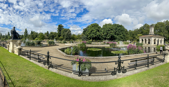 London, England - July 11, 2023: Ornamental gardens, ponds and fountains in Hyde Park in London