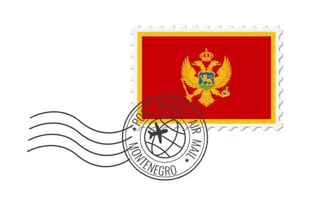 Vector illustration of Montenegro postage stamp. Postcard vector illustration with Montenegrin national flag isolated on white background.