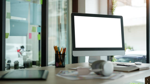 istock Editor, designer workplace with blank screen computer monitor 1628272153