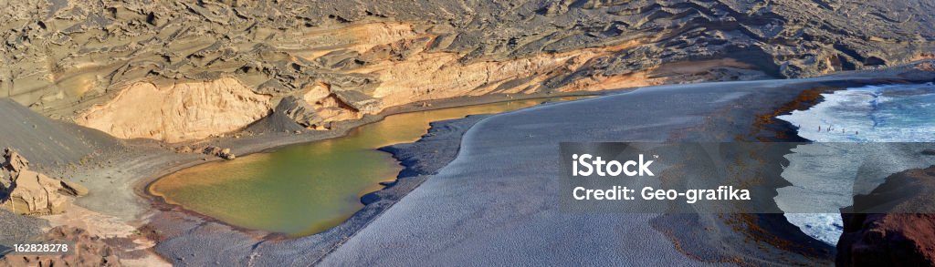 Panorama of Green Lake de la laguna. Isla de Lanzarote. - Foto de stock de Acantilado libre de derechos