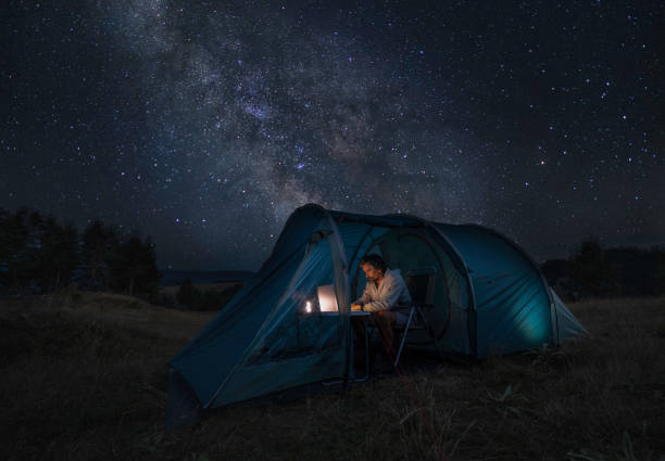 istock Digital nomad camping under the Milky way, starry night sky. 1628284043
