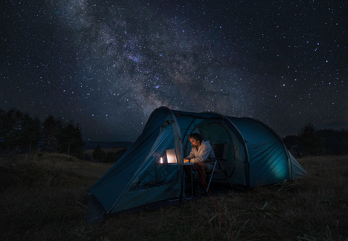 Wild camping adventure trip with tent. Enjoy starry nights.