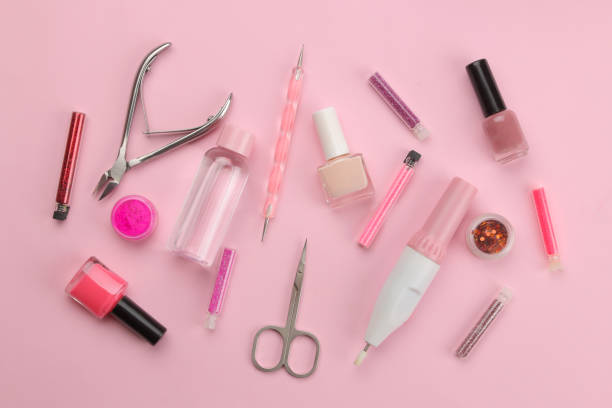 istock Various tools and things for manicure and pedicure on a pink background. view from above. nail care. 1628288478
