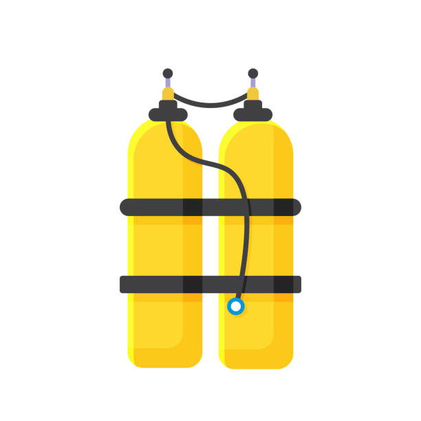 Scuba tank, yellow aluminum cylinder canister with valves, compressed oxygen for diving Scuba tank vector illustration. Cartoon isolated yellow aluminum cylinder canister with valves, compressed oxygen for diving, divers equipment to travel and breathe underwater, gear for sea adventure oxygen tank regulator stock illustrations