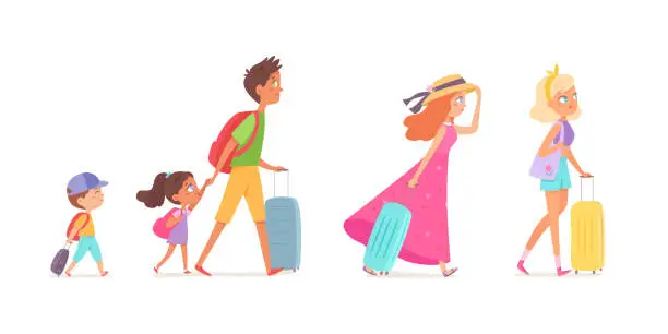 Vector illustration of People with suitcases travel set, tourist characters with bags and backpack walk