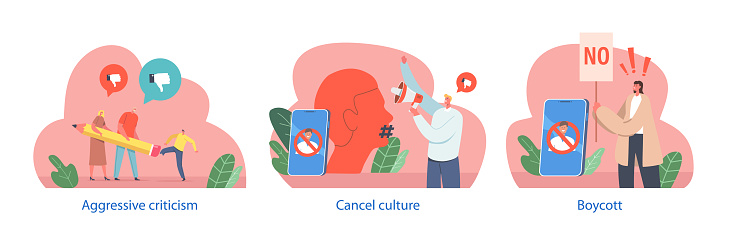 Isolated Elements With Characters Perform Cancel Culture Scenes, Refer To The Practice Of Publicly Shaming Or Boycotting For Perceived Offensive Behavior Or Beliefs. Cartoon People Vector Illustration