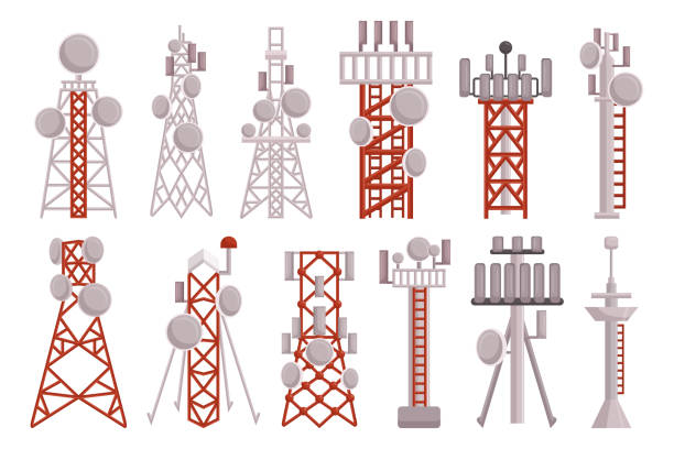 zestaw wież radiowych. wysokie konstrukcje metalowe nadające sygnały radiowe. obsługuje anteny do nadawania i komunikacji - isolated telephone construction white background stock illustrations