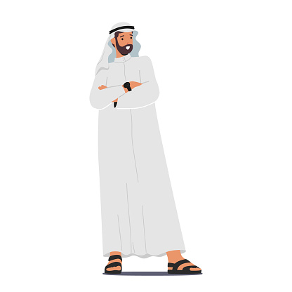 Confident Arab Muslim Businessman Character Stands Tall, Exuding Self-assuredness, Dressed In Traditional Attire, Ready To Conquer Challenges With Determination. Cartoon People Vector Illustration