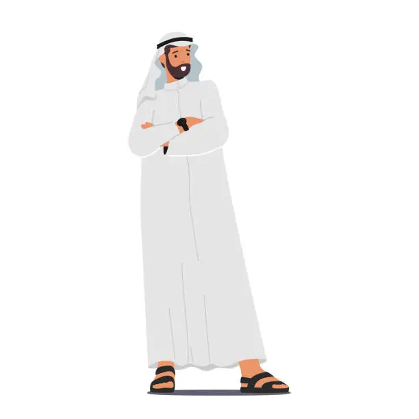 Vector illustration of Confident Arab Muslim Businessman Character Stands Tall, Exuding Self-assuredness, Dressed In Traditional Attire