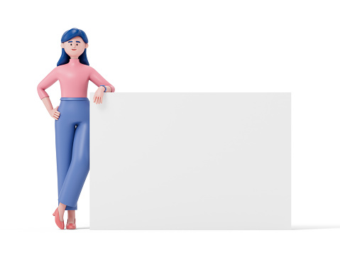 Cartoon characters holding an empty white board for insert a concept.3d rendering,conceptual image. isolated on white background.