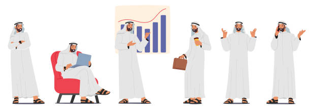 Successful Arab Muslim Entrepreneur Excels In Business Driven By Cultural Values Of Hard Work, Integrity, And Innovation Successful Arab Muslim Entrepreneur Excels In Business, Driven By Cultural Values Of Hard Work, Integrity, And Innovation. Businessman Male Character wear Dishdasha. Cartoon People Vector Illustration cartoon of muslim costume stock illustrations