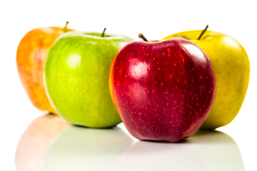 Red, Green, Pink and yellow assorted apples  isolated on white backbround with clipping path