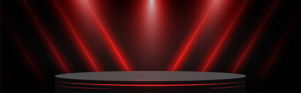 istock Stage podium decorated with Red neon lighting and Spotlight on Black horizontal background.  Vector illustration. 1628331653