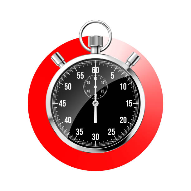 istock Realistic classic stopwatch. Shiny metal chronometer, black time counter with dial. Red countdown timer showing minutes and seconds. Time measurement for sport, start and finish. Vector illustration 1628332190