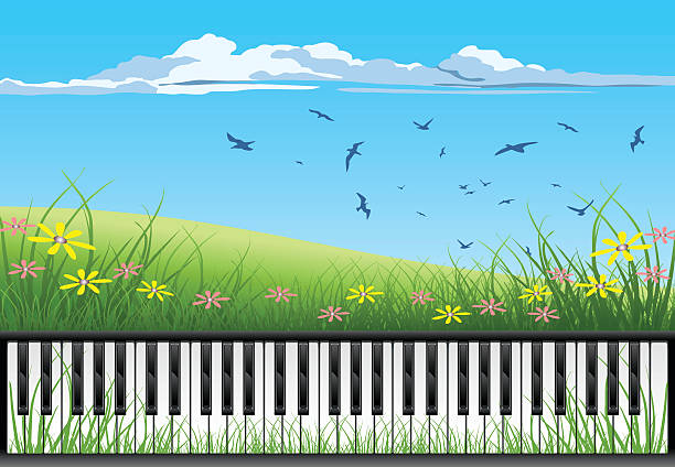 Nature Piano Piano Keyboard on Green Nature Background. electric piano stock illustrations