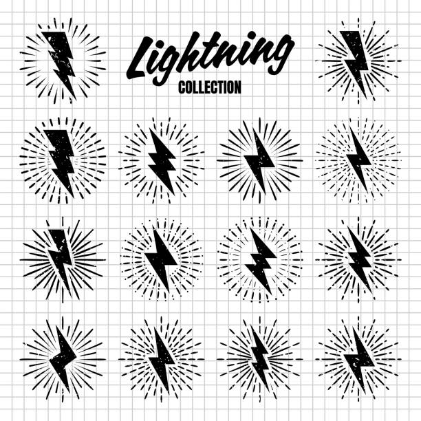 istock Set of vintage hand drawn lightning bolts and sun rays on checkered paper sheet. Lightnings with sunburst effect. Thunderbolt, electric shock sign. Vector illustration 1628334372